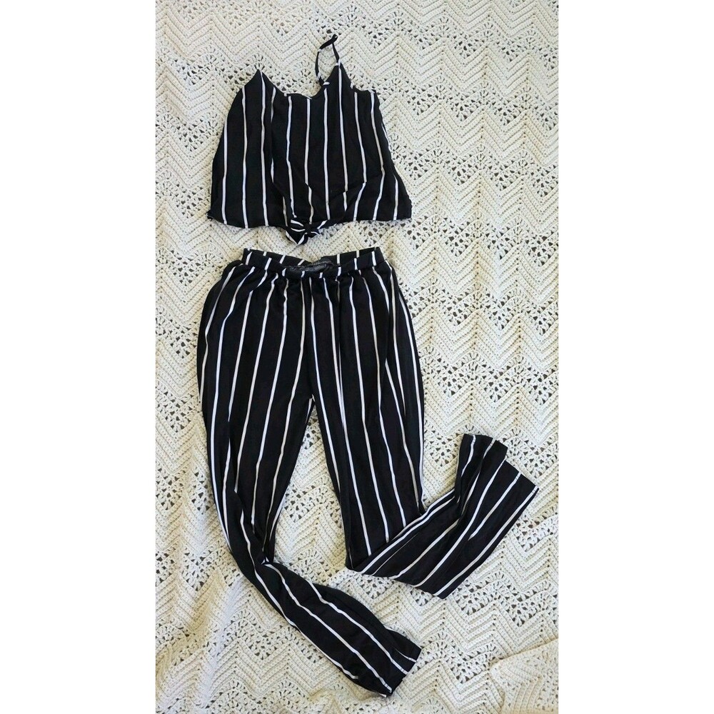 Lark + Grey 2 Pc. Matching Set Black White Stripe Crop Top & Pants Size S